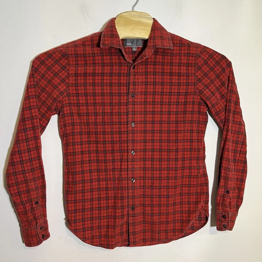 Vince Men's Small‎ Red Plaid Button Up Corduroy Long Sleeve Shirt
